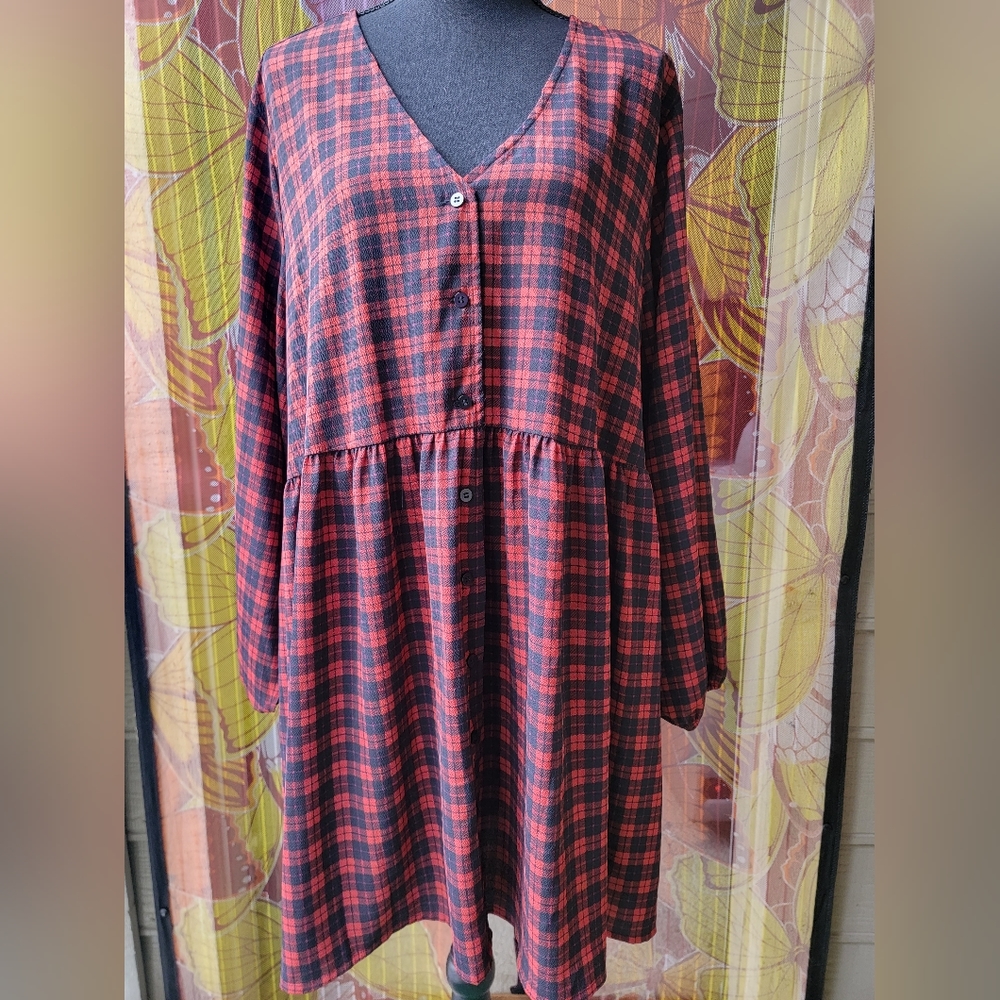 Monki Skater Dress Women's Size X-Small Red Black Tartan Plaid Empire Waist